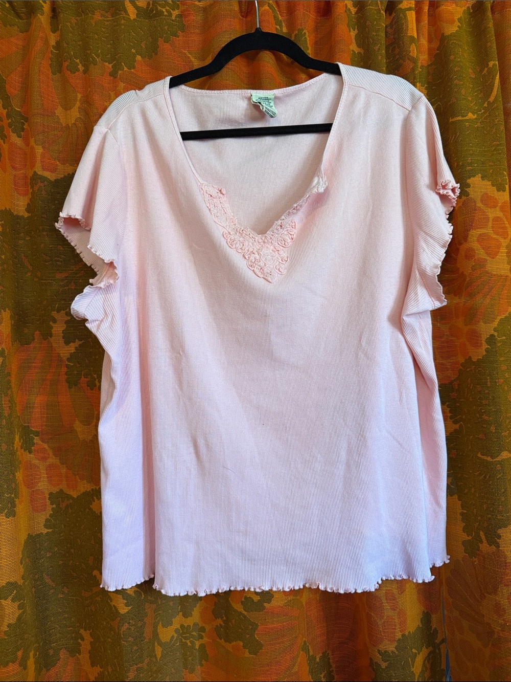 Vintage Light Pink V-Neck Short Sleeve Top with Lace Trim